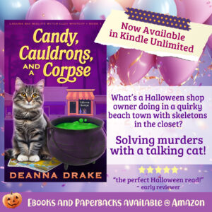 Publication day celebration graphic featuring Candy, Cauldrons, and a Corpse book cover