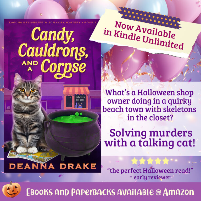 Publication day celebration graphic featuring Candy, Cauldrons, and a Corpse book cover