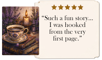 Such a fun story. I was hooked from the very first page. Reader 5-star review with illustration of a cup of tea and candle.