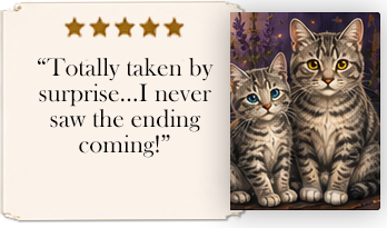 Totally taken by surprise... I never saw the ending coming! Reader 5-star review with illustration of two tabby cats.