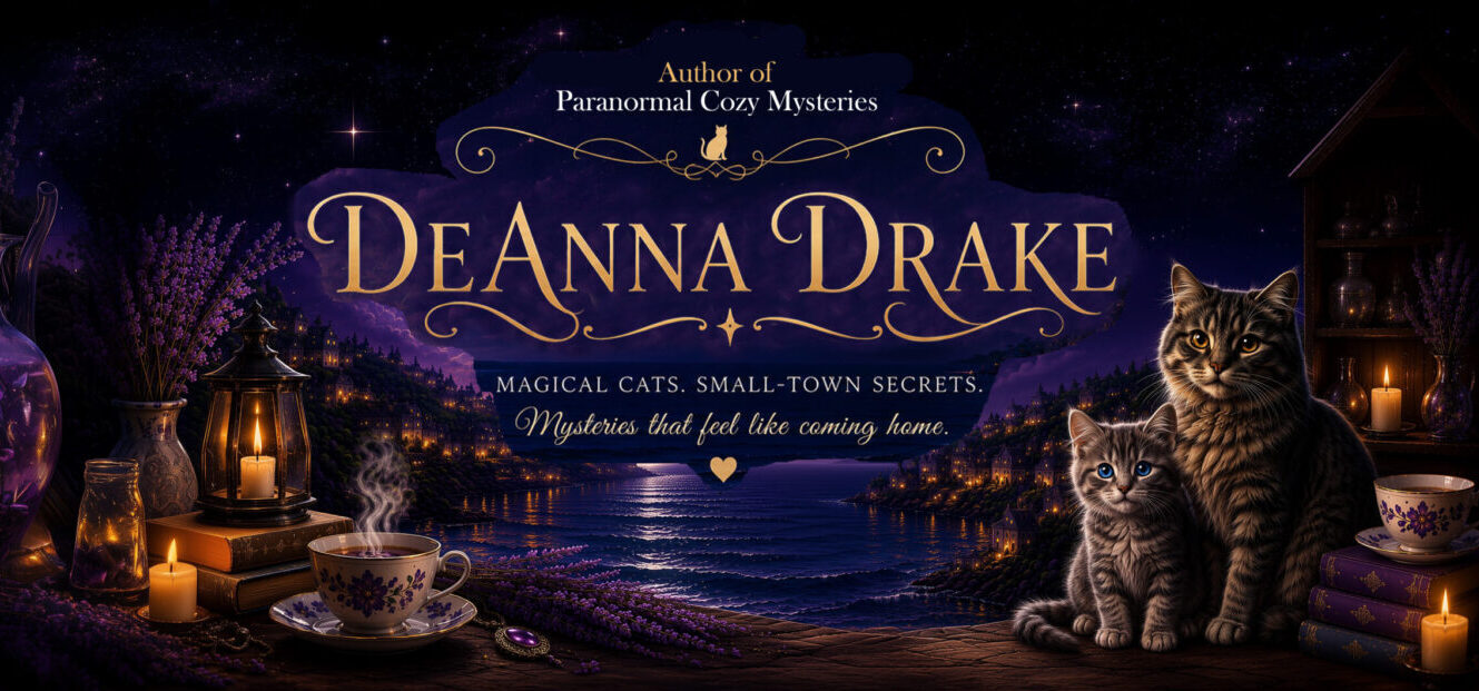 Banner for the official website of DeAnna Drake, author of paranormal cozy mysteries. Magical cats. Small-town secrets. Mysteries that feel like coming home.